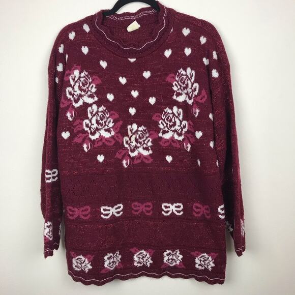 Holiday Time Vtg Valentines Day Rose Sweater Size Medium Heart Scallop - Picture 2 of 7